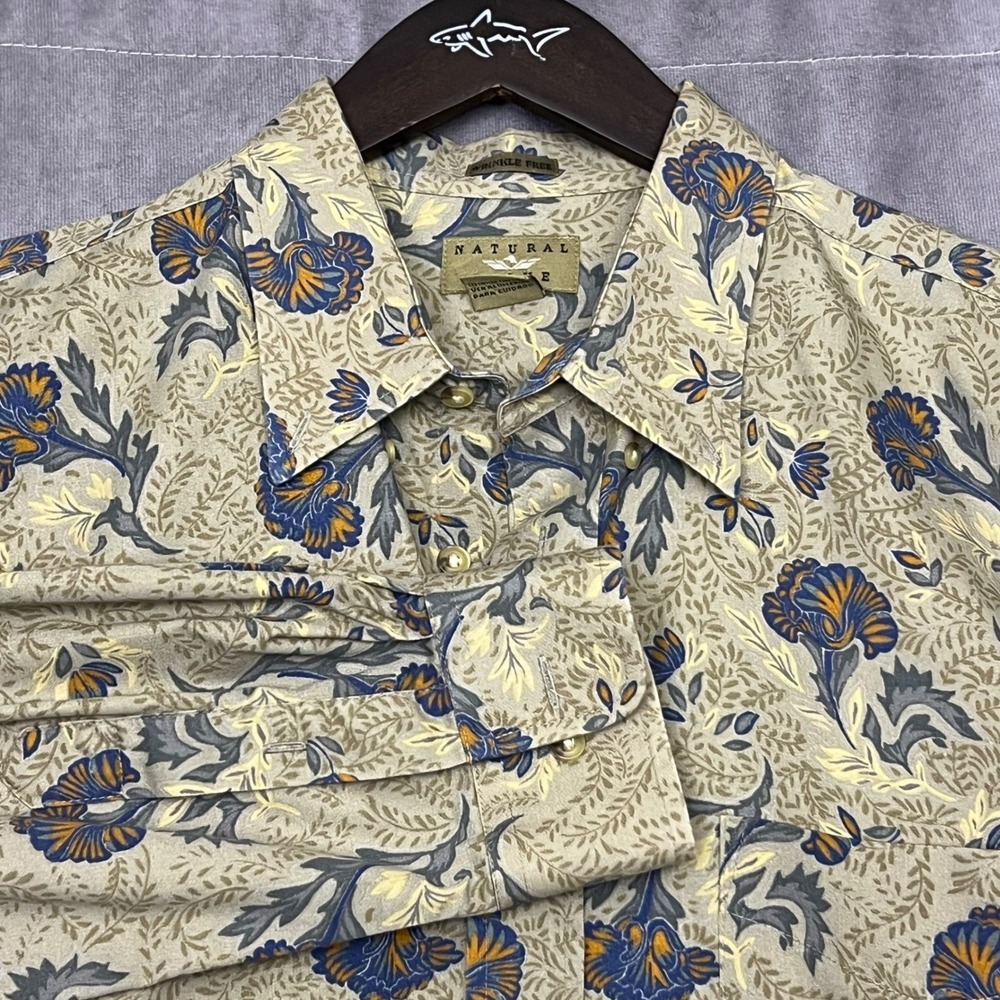 Natural Issue Button Down Shirt Mens XL Tan Blue Floral Wrinkle Free Cotton XL